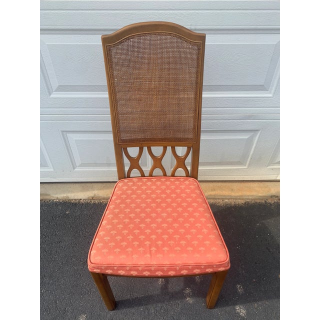 Set of 8 Vintage Cane Back Dining Chairs With Coral Upholstery, Mid-Century Regency Style For Sale In Columbia, SC - Image 6 of 7