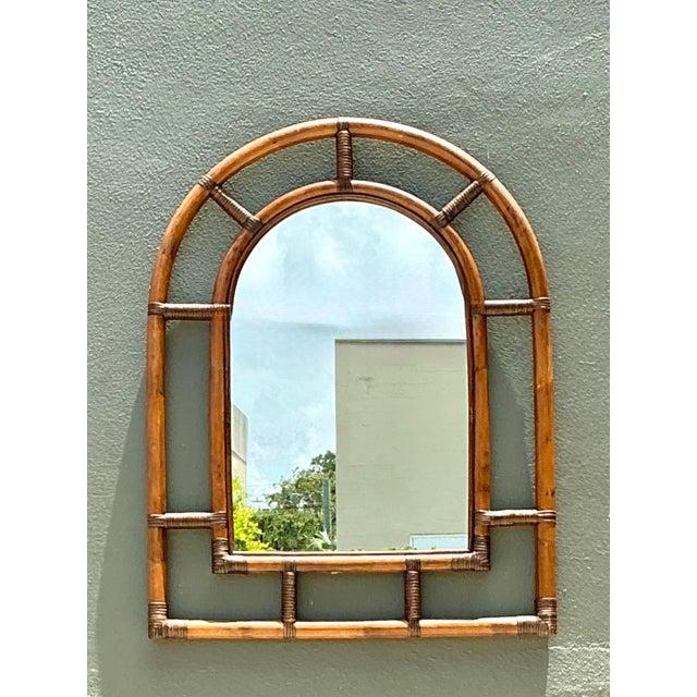 Mid-Century Modern Vintage Rattan Arched Wall Mirror For Sale - Image 3 of 14