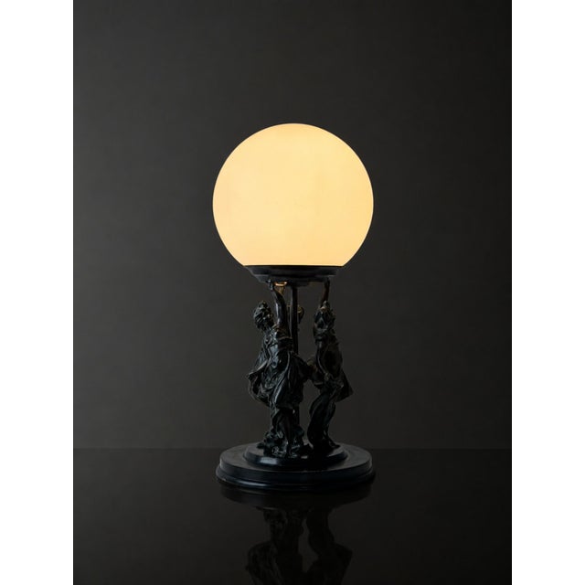 Art Nouveau Figurative Table Lamp with Etched Glass Globe, 1910, in Flawless conditions. Designed 1890 to 1919 European...