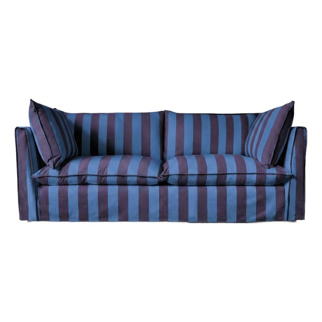 Sophie Conran Coco 3 Seater Sofa - Coastal Blue & Navy Blue Stripes with Knife Edge Cushion For Sale