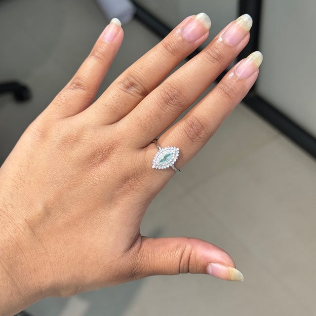 Contemporary 18k Gold Marquise Cut Paraiba Tourmaline Ring With Double Halo Diamonds Size 4 For Sale - Image 3 of 18