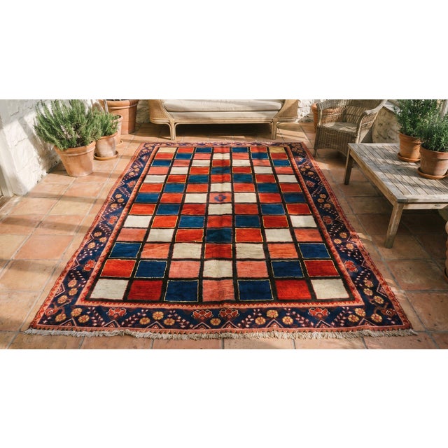 1930s Multicolor Checks Tribal Antique Persian Gabbeh Rug 6'8" X 10'2" Handknotted Wool Carpet For Sale - Image 9 of 9
