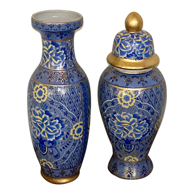 Vintage Blue and Gold Cloisonné Vases, 12 Inches Each - A Pair For Sale