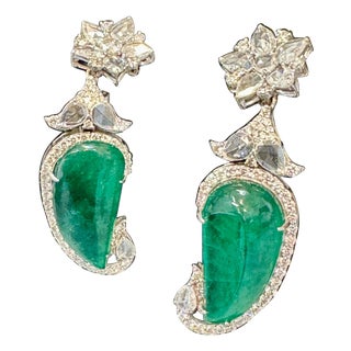 20 Ct Fine Emerald Cabochon & 4 Ct Rose Cut Diamond 18 Kt White Gold Earrings For Sale