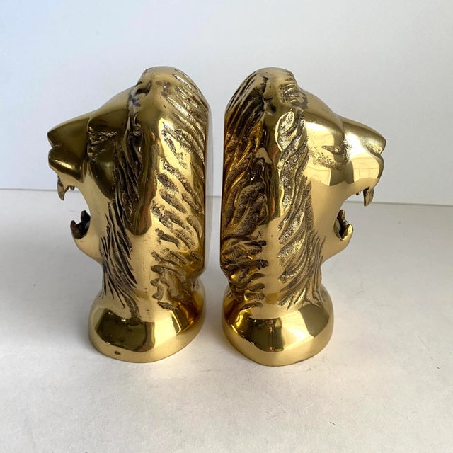 Mid-Century Modern Vintage 1970s Brass Lion Head Bookends a Pair For Sale - Image 3 of 10
