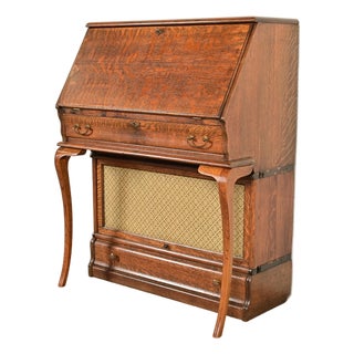 Globe Wernicke Antique Mission Oak Arts & Crafts Slant Front Secretary Desk With Barrister Bookcase, Circa 1910 For Sale