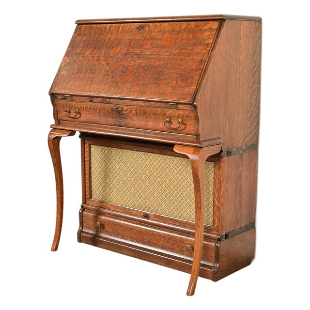 Globe Wernicke Antique Mission Oak Arts & Crafts Slant Front Secretary Desk With Barrister Bookcase, Circa 1910 For Sale