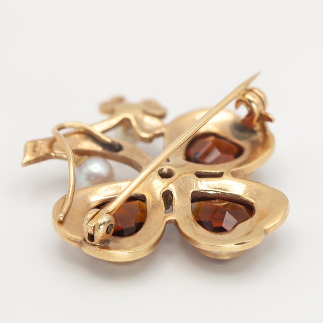 1930s 1930s 14k Yellow Gold Diamond Citrine Pearl Clover Brooch For Sale - Image 5 of 9