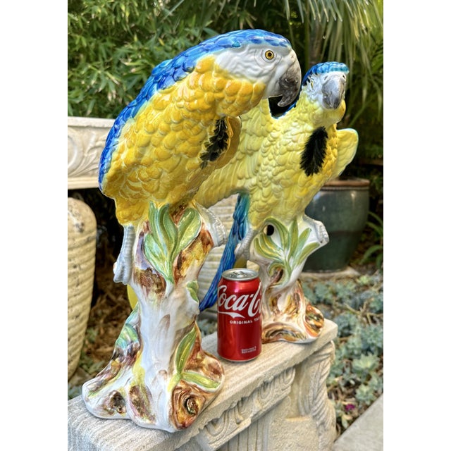 Blue Pair of Large 1980s Italian Hand Painted Porcelain Macaw Parrot Bird Sculptures For Sale - Image 8 of 12