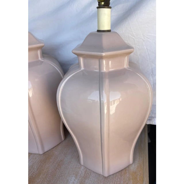 Beautiful Pair of Taupe/Nude Color Ginger Jar Table Lamps. Hexagon top with band detail going down the sides. Beautiful...