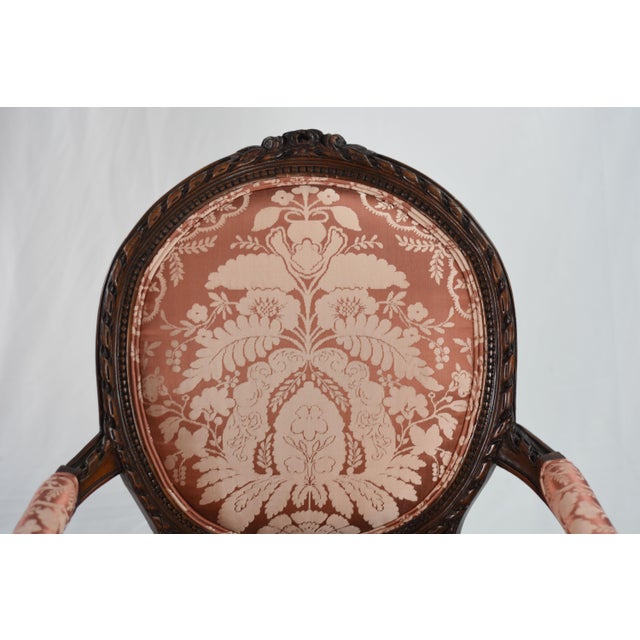 Art Deco New Scalamandre Damask on 1920s Louis XV-style Bergere Accent Chairs, Reupholstered Pair French Provincial Armchairs For Sale - Image 3 of 9