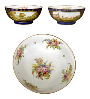 Edme Samson Et Cie, Paris Porcelain Mazarine Blue-Ground Punch Bowl With Botanical Interior and Landscape Panels to Exterior