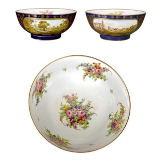 French Porcelain Mazarine Blue-Ground Punch Bowl With London View and Botanical Interior For Sale