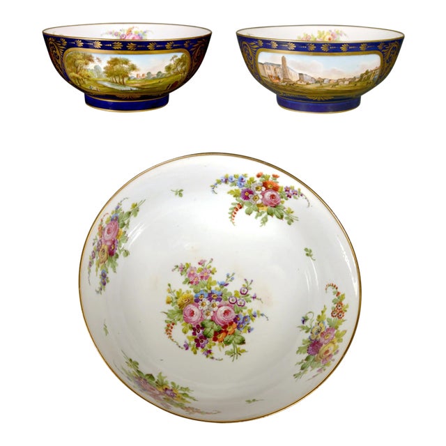 French Porcelain Mazarine Blue-Ground Punch Bowl With London View and Botanical Interior For Sale