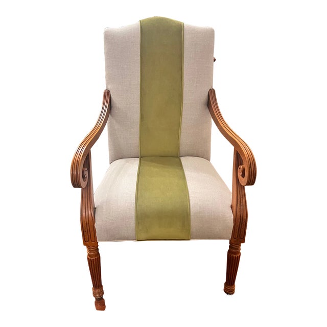 Reupholstered Attributed Baker Furniture Milling Road Accent Chair With Embossed Leather Back For Sale