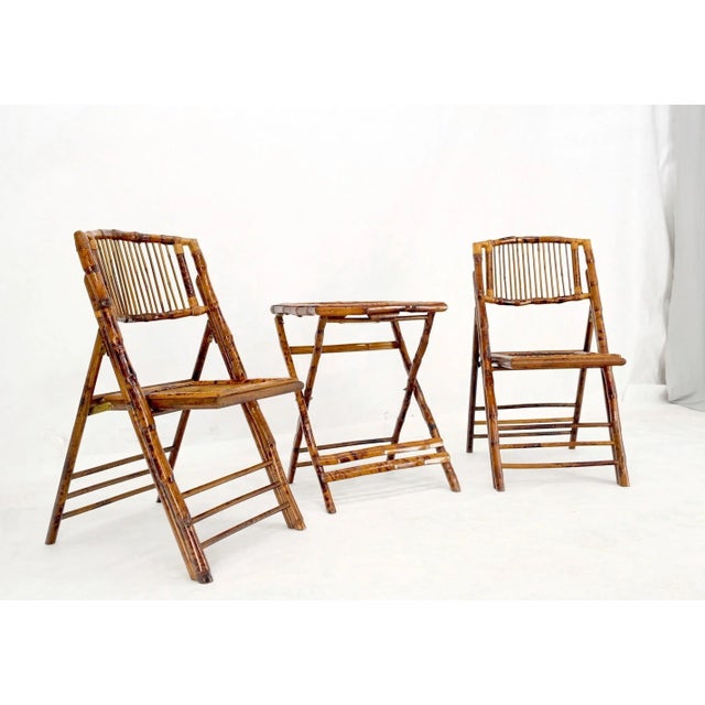 Burnt Bamboo Vintage Folding Cafe Occasional Table w/ Two Matching Chairs Set - 3 Pieces For Sale - Image 6 of 13