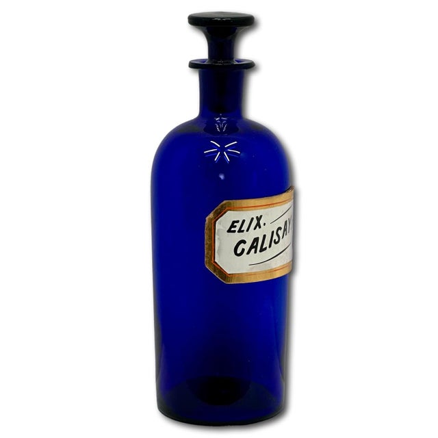 Mid 19th Century Beautiful & Rare Large Size Antique Cobalt Blue Glass Elixer of Calisaya Apothecary Bottle Circa Mid 19th Century For Sale - Image 5 of 18