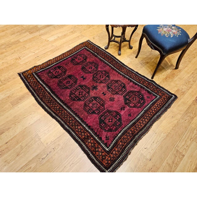 Vintage Afghan Bokhara Area Rug, Hand-Knotted Wool, Allover Geometric Pattern, Plum & Burgundy, 4x5 For Sale - Image 17 of 17