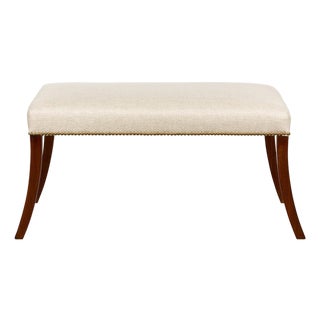 19th Century English Regency Bench with Saber Legs and Custom Linen Upholstery For Sale