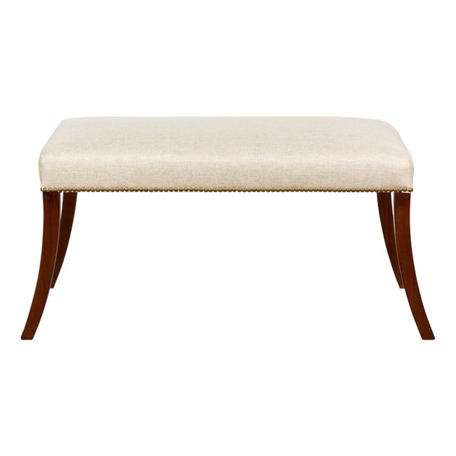 19th Century English Regency Bench with Saber Legs and Custom Linen Upholstery For Sale
