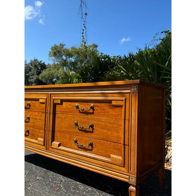 Campaign Vintage Thomasville Campaign-Style Dresser | Six-Drawer Walnut Chest For Sale - Image 3 of 9