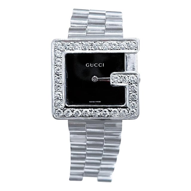 Gucci 100M Steel Rectangular Custom Diamond G-Bezel Black Dial Unisex Watch For Sale