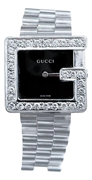 Gucci 100M Steel Rectangular Custom Diamond G-Bezel Black Dial Unisex Watch