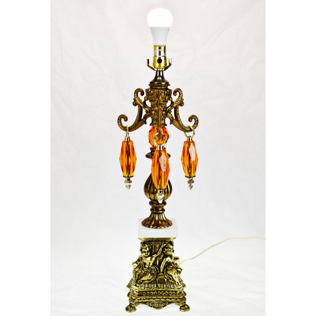Hollywood Regency Table Lamp W/ Orange Hanging Prisms Chairish