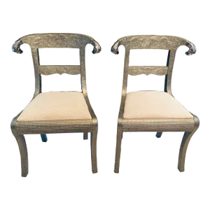 Pair of Neoclassical Side Chairs, Wrapped in Metal With Pewter Rams Heads,Gustavian