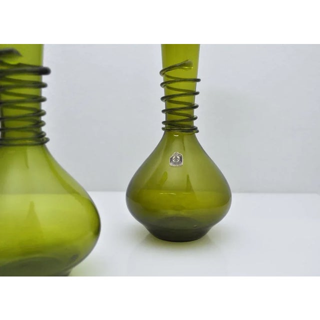 Forest Green Green Decanter or Vase with Attached Glass Wire by Jacob E. Bang for Holmegaard, Denmark, Set of 2 For Sale - Image 8 of 13