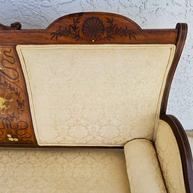 Wood Antique Edwardian Inlaid Mythical Griffin Mahogany Double-Chair-Back Settee For Sale - Image 7 of 12