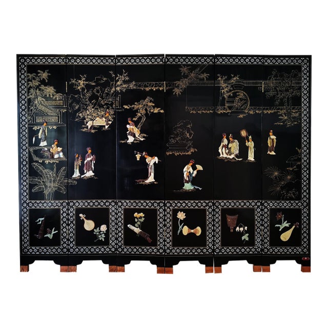 Mid 20th Century Chinese Export Six Panel Carved Soapstone Coromandel Screen For Sale