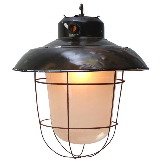 Vintage Industrial Black Enamel and Frosted Glass Pendant Light For Sale - Image 4 of 7