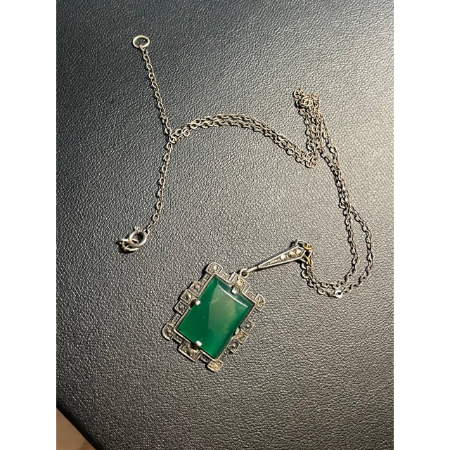 Metal 1920s Art Deco Silver Chrysoprase Marcasite Necklace For Sale - Image 7 of 9