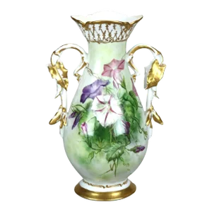 Antique French Limoges Morning Glory Floral & Gilt Hand Painted Porcelain Vase