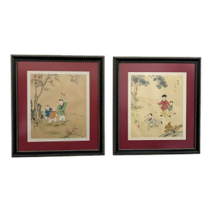 Title: Pair of Vintage Chinese Paintings by Chun Shi – Children With Plum Blossoms and Children Beneath the Pines
