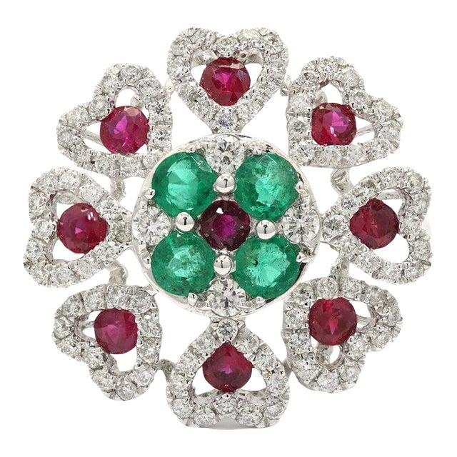 Solid 14k Gold Ruby Emerald and Pave Set Diamond Bohemian Chic Flower Ring Size 7 For Sale