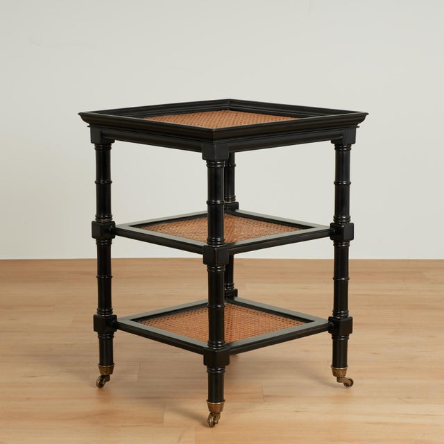 Pair of Vintage British Colonial Style Faux Bamboo Three Tiered Caned Stands For Sale - Image 12 of 17
