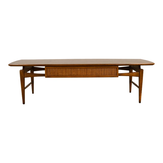 Mid Century Lane Esteem Cane Front Walnut Coffee Table For Sale