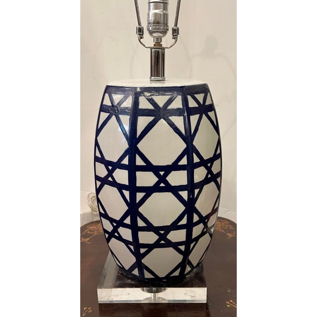 Modern Mecox Gardens Blue & White Modern Pottery Table Lamp For Sale - Image 3 of 3
