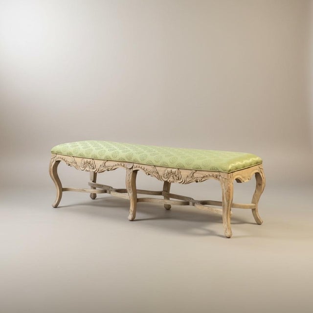 20th-C. Large Scale French Provincial Cerused and Carved Fruitwood Bench / Ottoman Green Damask For Sale - Image 4 of 5