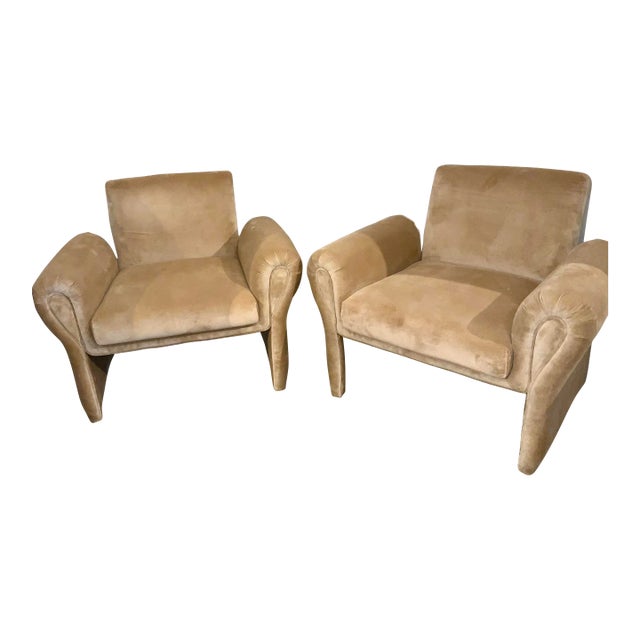 Mid-Century Modern Style Camel Velvet Lounge Chairs Pair For Sale