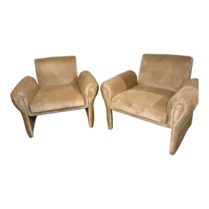 Mid-Century Modern Style Camel Velvet Lounge Chairs Pair