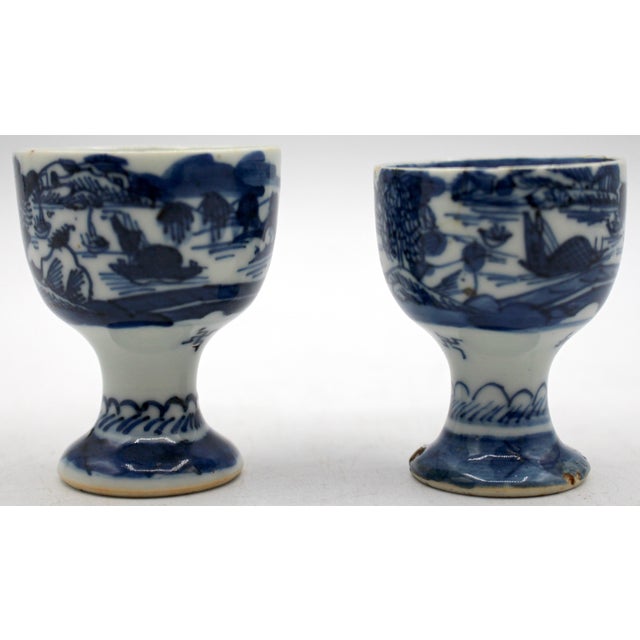 Early 19th Century Chinese Export Blue Canton Pair of Egg Cups For Sale - Image 4 of 9
