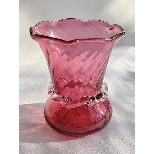 1980s Pilgrim Cranberry Glass Bud Vase With Crystal Collar For Sale - Image 12 of 12