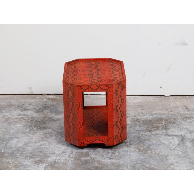 Mid-Century Modern Attributed Karl Springer 1970s Midcentury Octagonal Bar Cart With Red Snakeskin Finish For Sale - Image 3 of 11
