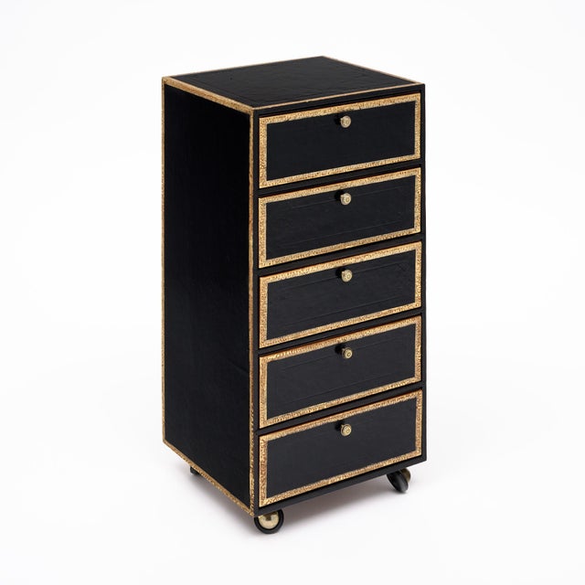 Vintage French Pair of Leather Covered Filing Cabinets, Casters For Sale - Image 4 of 10