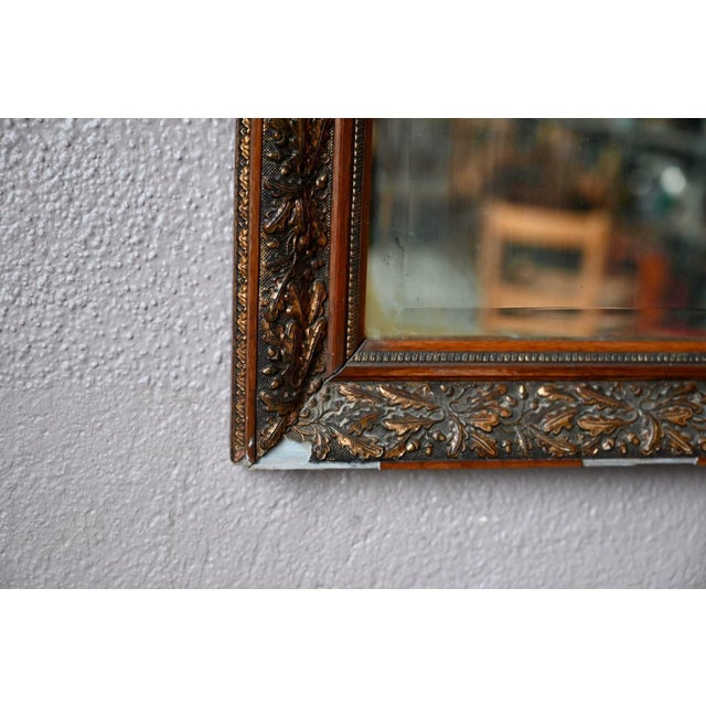 Wood Antique Bohemian Mirror in Embossed Metal Frame with Oak Leaves, 1950s For Sale - Image 7 of 10