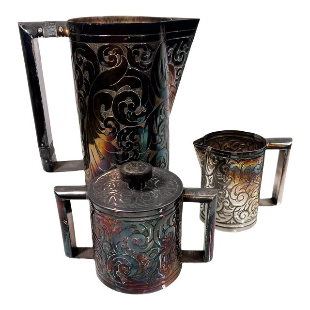 1900s Hand Wrought Embossed Sterling Silver Pitcher Set Creamer and Sugar For Sale
