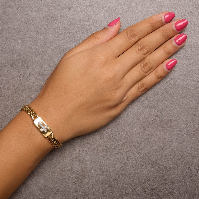 Haus of Brilliance 14K Yellow Gold Plated .925 Sterling Silver Diamond Accent Inlaid Cross Cuban Link Bracelet (I-J Color, I3 Clarity)- 7.25" For Sale - Image 4 of 5